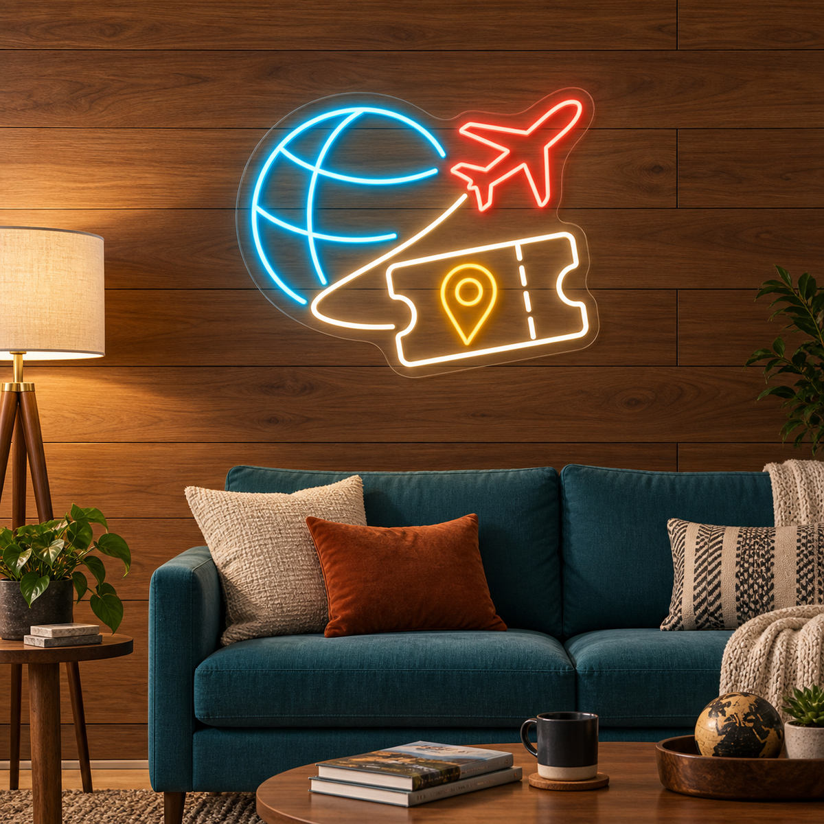 Airplane & Globe LED Neon Sign for Travel Agencies - interior setting