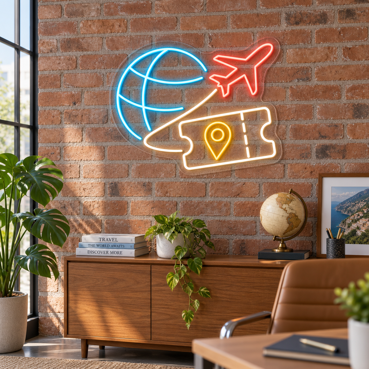 Airplane & Globe LED Neon Sign for Travel Agencies - interior setting
