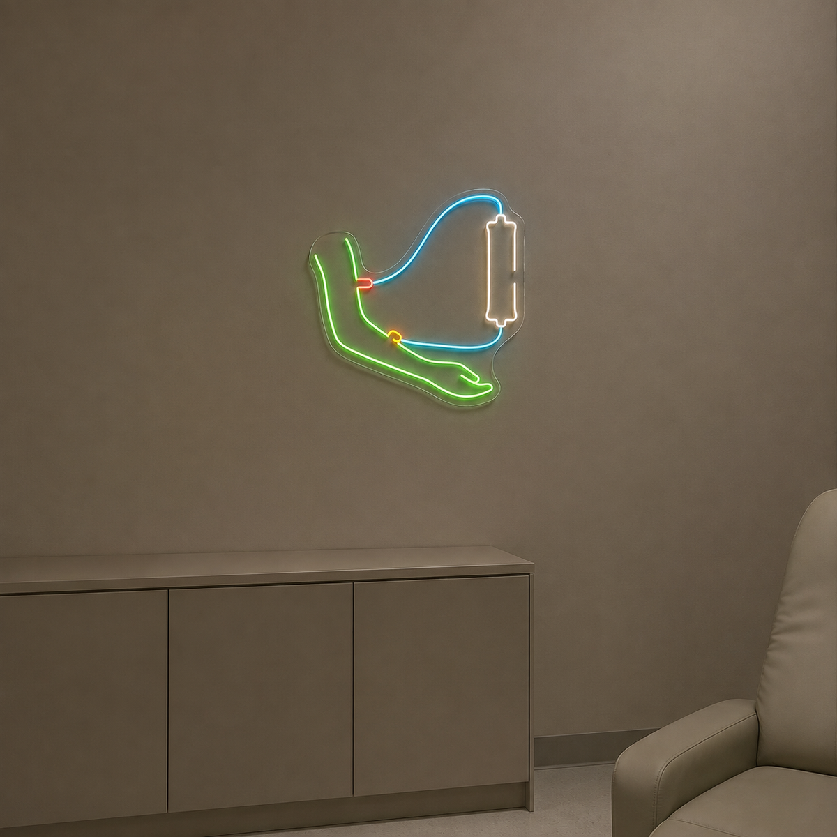 Arm & Dialysis Lines LED Neon Sign for Dialysis Centers - interior setting