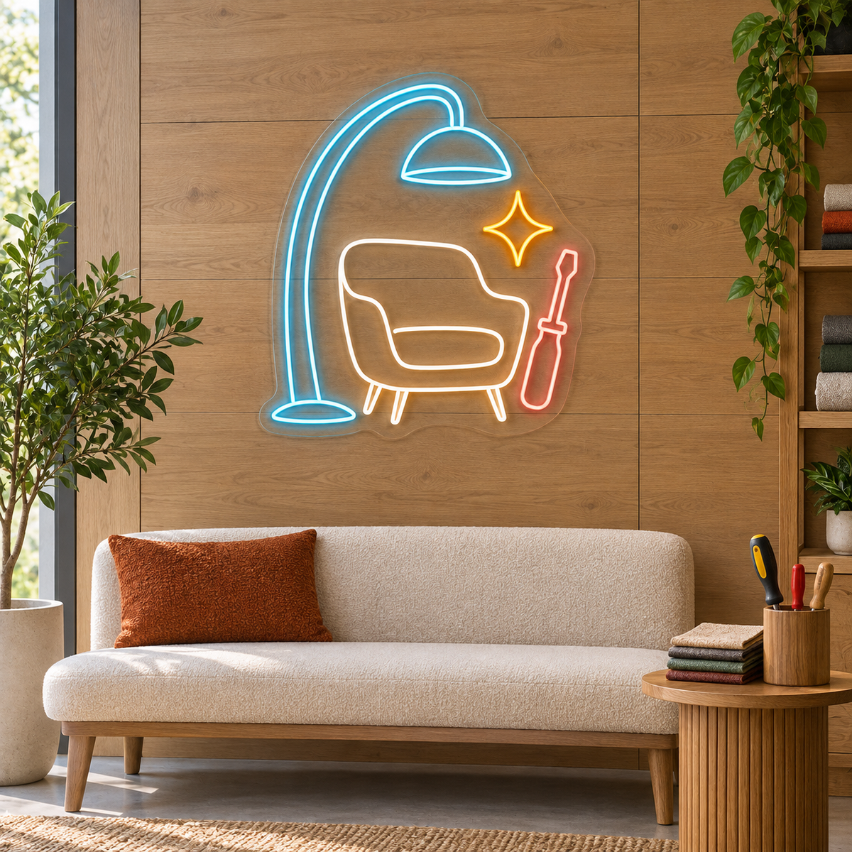 Armchair & Repair Tool LED Neon Sign for Furniture Repair Shops - interior setting