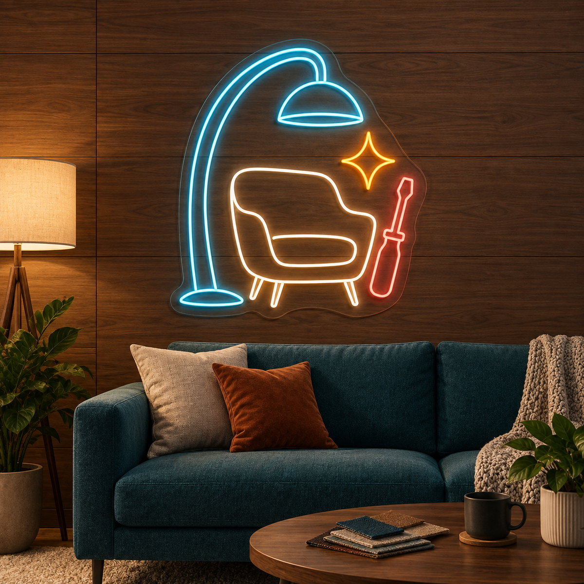 Armchair & Repair Tool LED Neon Sign for Furniture Repair Shops - interior setting