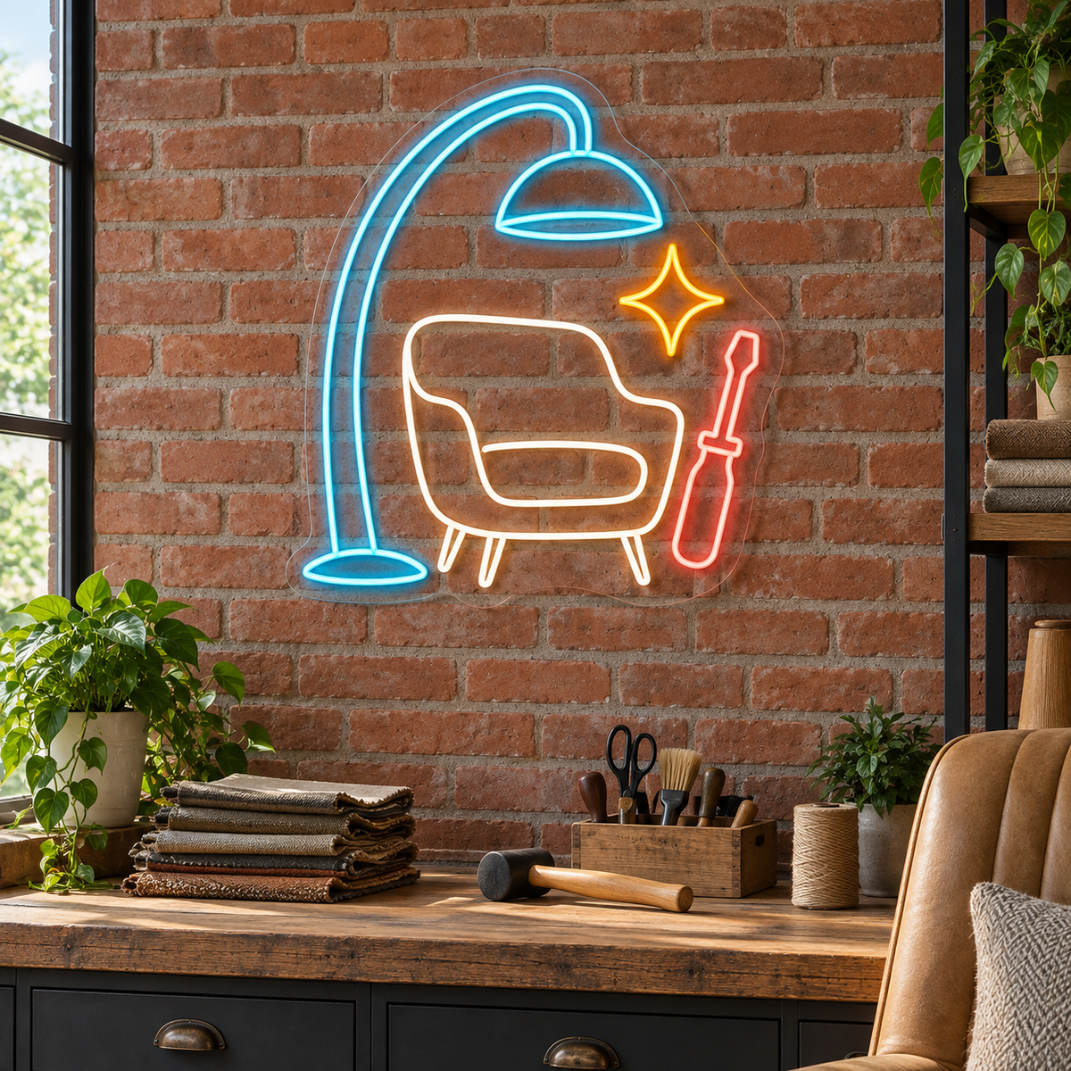 Armchair & Repair Tool LED Neon Sign for Furniture Repair Shops - interior setting