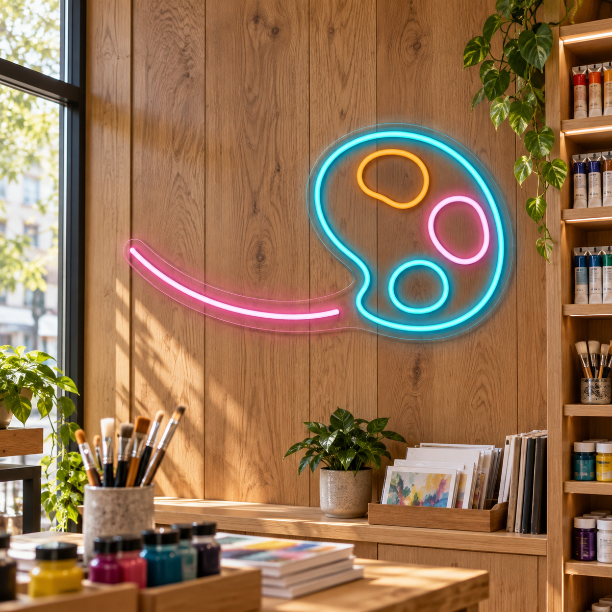 Artist Palette and Brushstroke LED Neon Sign for Art Studios - interior setting