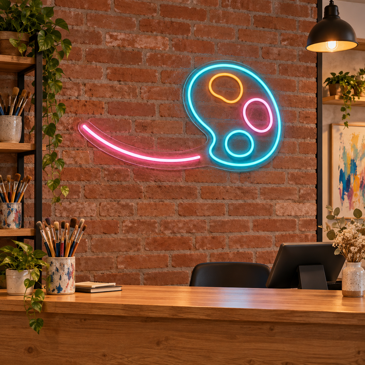 Artist Palette and Brushstroke LED Neon Sign for Art Studios - interior setting