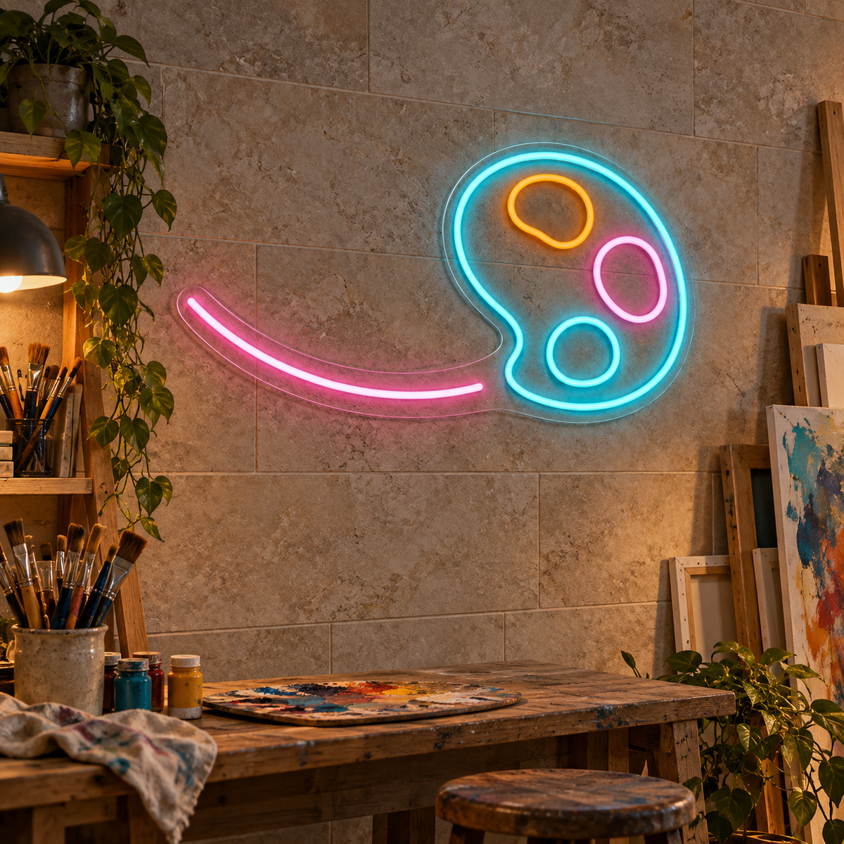 Artist Palette and Brushstroke LED Neon Sign for Art Studios - interior setting