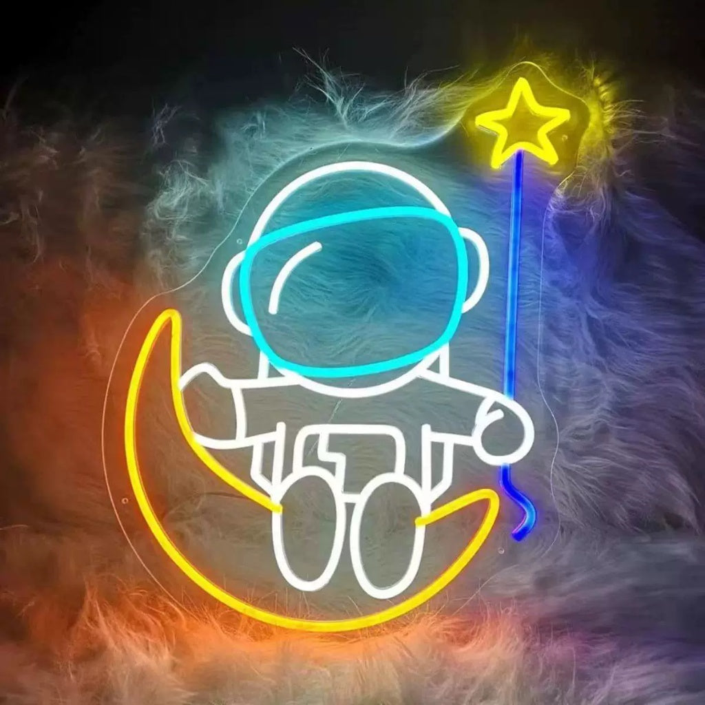 Astronaut Sitting on Moon LED Neon Sign Cute Space Wall Decor Light