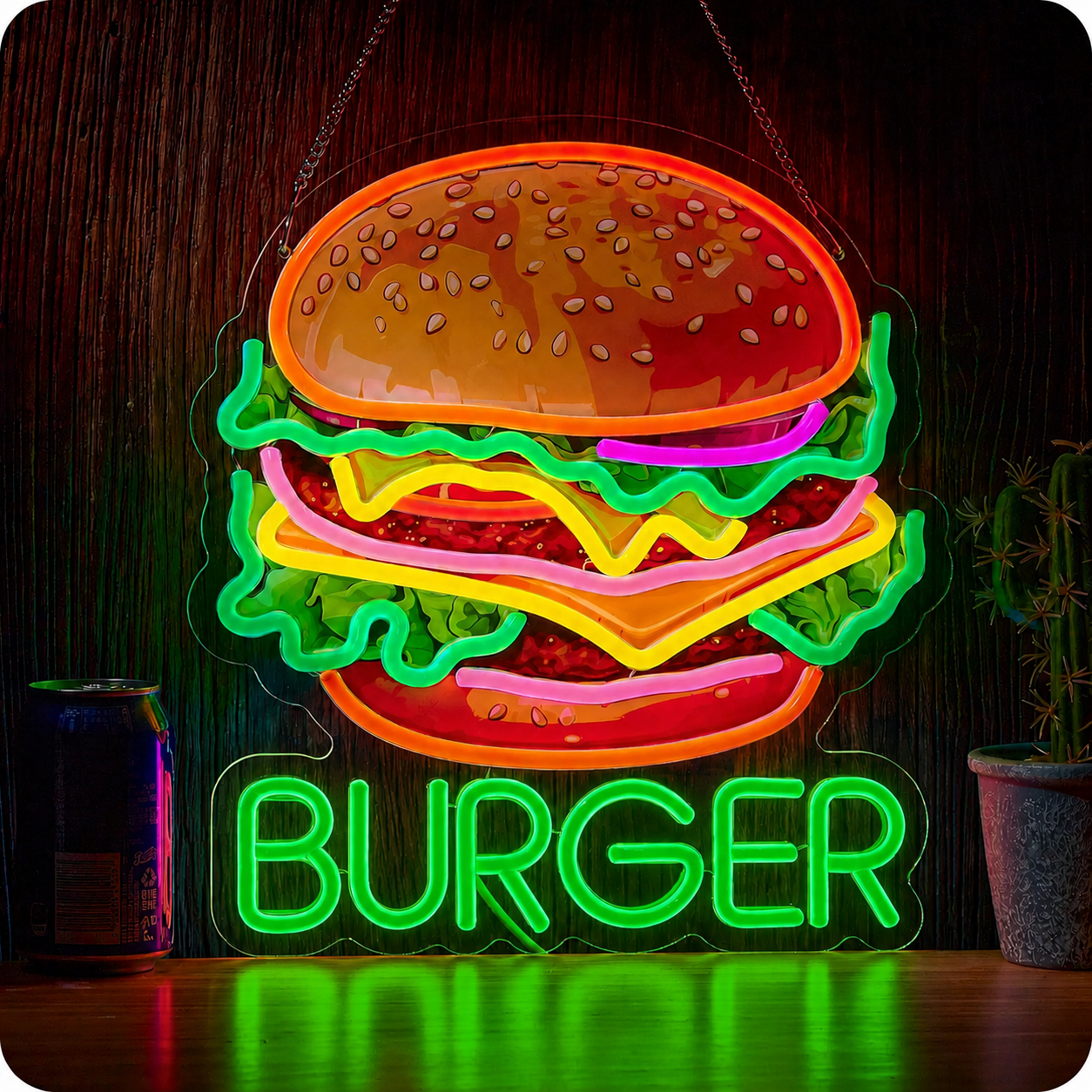 Burger LED Neon Sign Hamburger Fast Food Neon Light Wall Decor for Kitchen Cafe Restaurant Bar