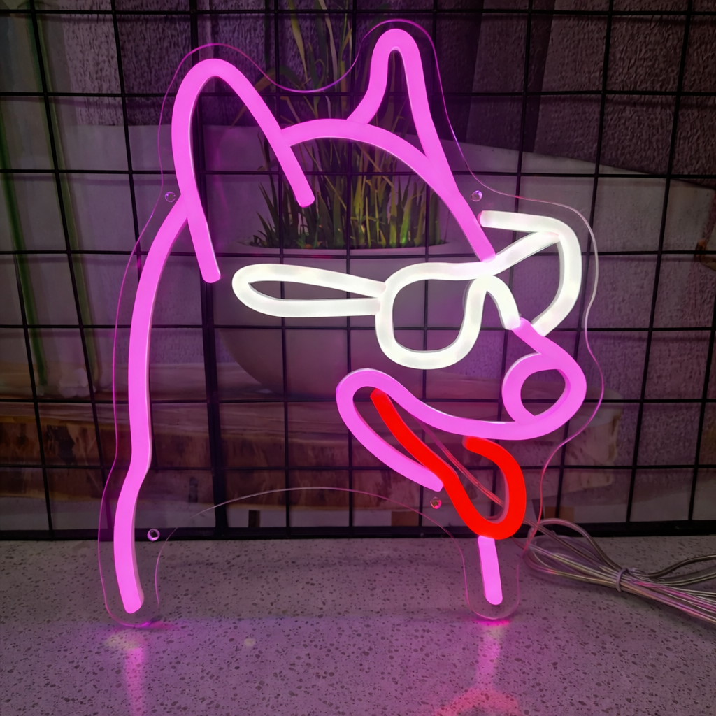 Cool Dog LED Neon Mirror Sign with Sunglasses for Bar, Bedroom & Trendy Room Decor