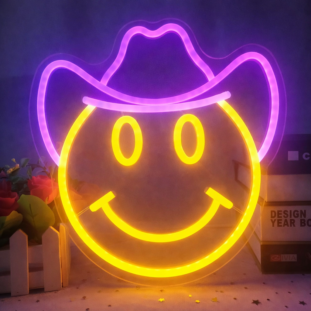 Cowboy Smiley Face LED Neon Sign for Bedroom Wall Decor Light