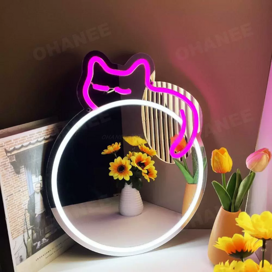Cute Sleeping Cat LED Neon Mirror Sign for Bedroom Vanity Wall Decor