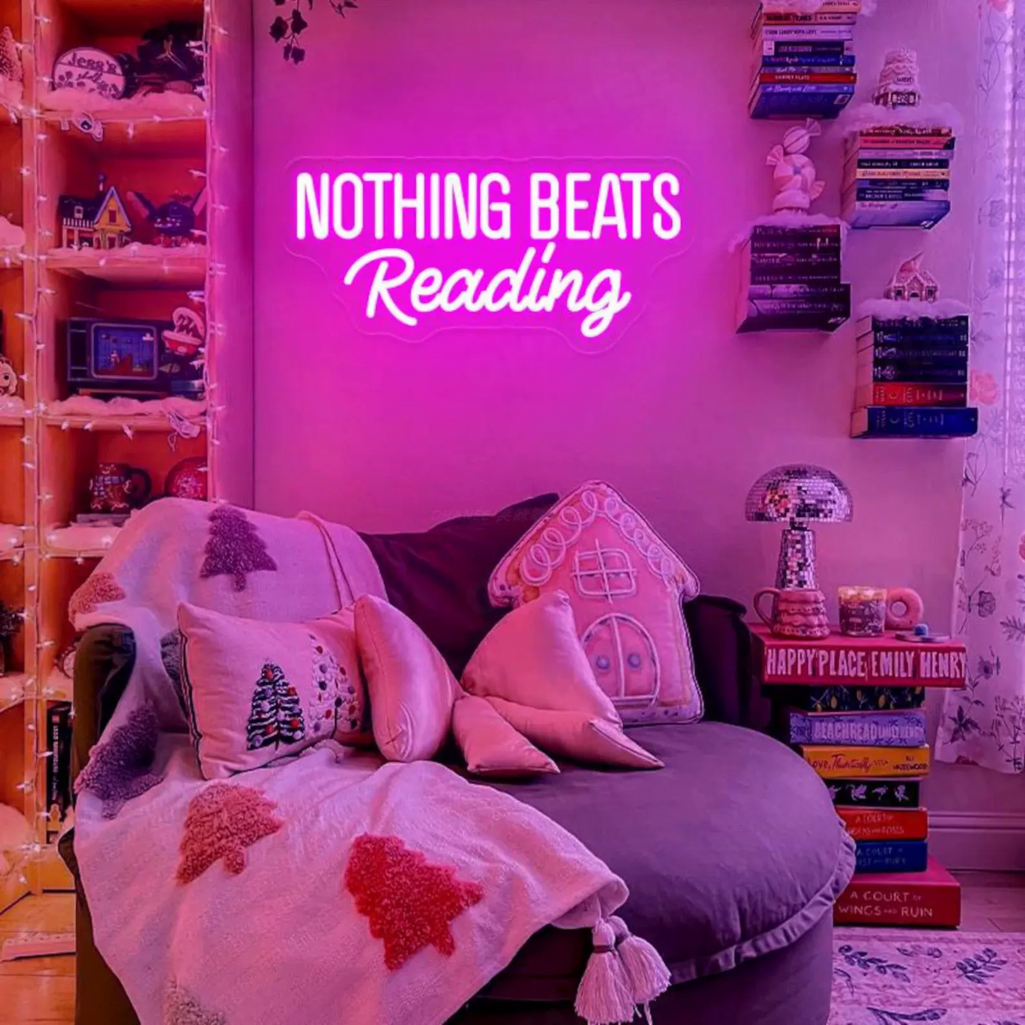 Nothing Beats Reading LED Neon Sign Pink Wall Light for Bedroom Reading Nook Book Lover Decor