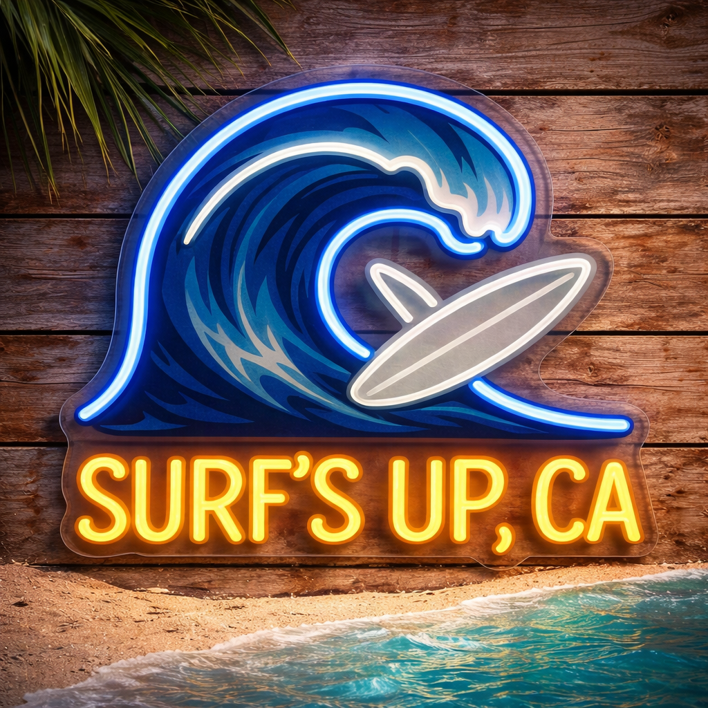 Surf’s Up CA Wave Surfboard Hanging Neon Sign for Beach Bar Wall Decor