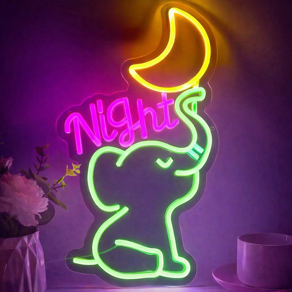 Elephant Night Neon Sign LED Wall Light for Kids Room, Bedroom, or Nursery Decor