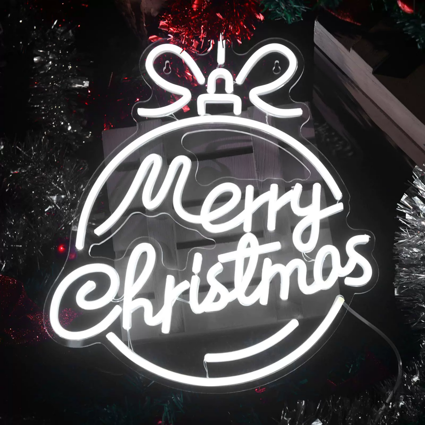 LED Merry Christmas Neon Sign White Script Ornament Style