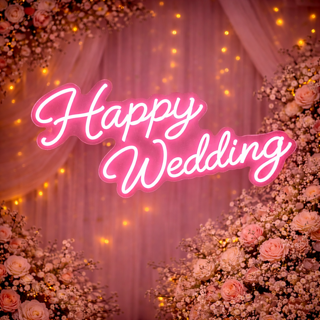 Happy Wedding Script LED Neon Sign Romantic Warm White Neon Light for Wedding Reception Backdrop Decor