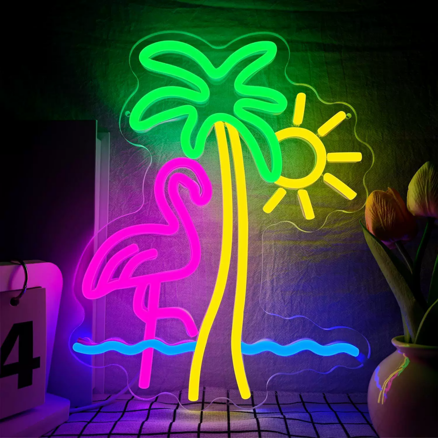 Tropical Flamingo Palm Tree LED Neon Sign Beach Sunset Neon Light Wall Decor for Bedroom Bar Party