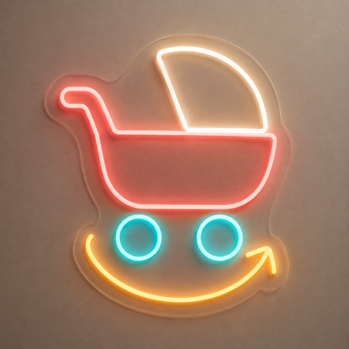 Pram & Return Arrow LED Neon Sign for Baby Equipment Rentals - design reference