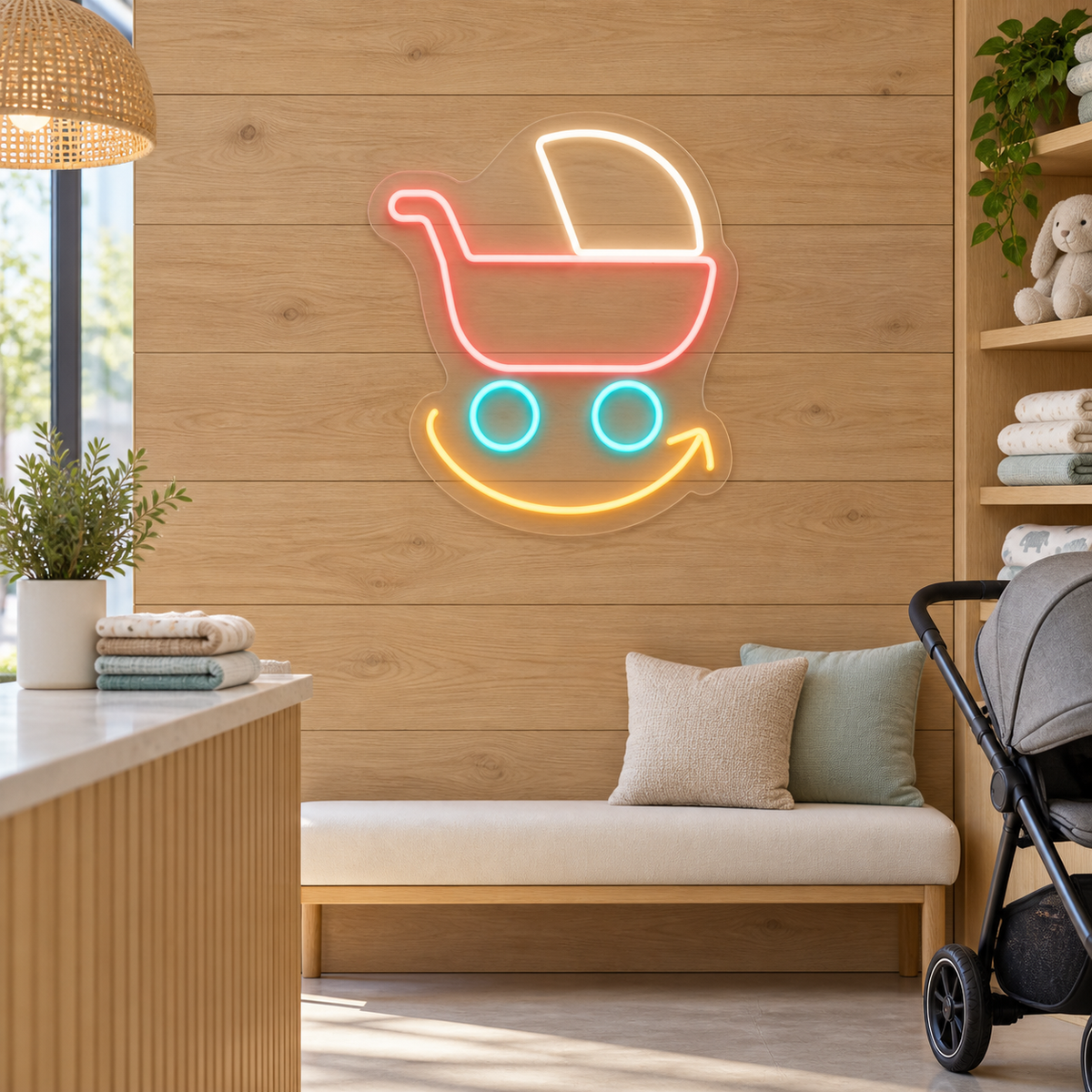 Pram & Return Arrow LED Neon Sign for Baby Equipment Rentals - interior setting