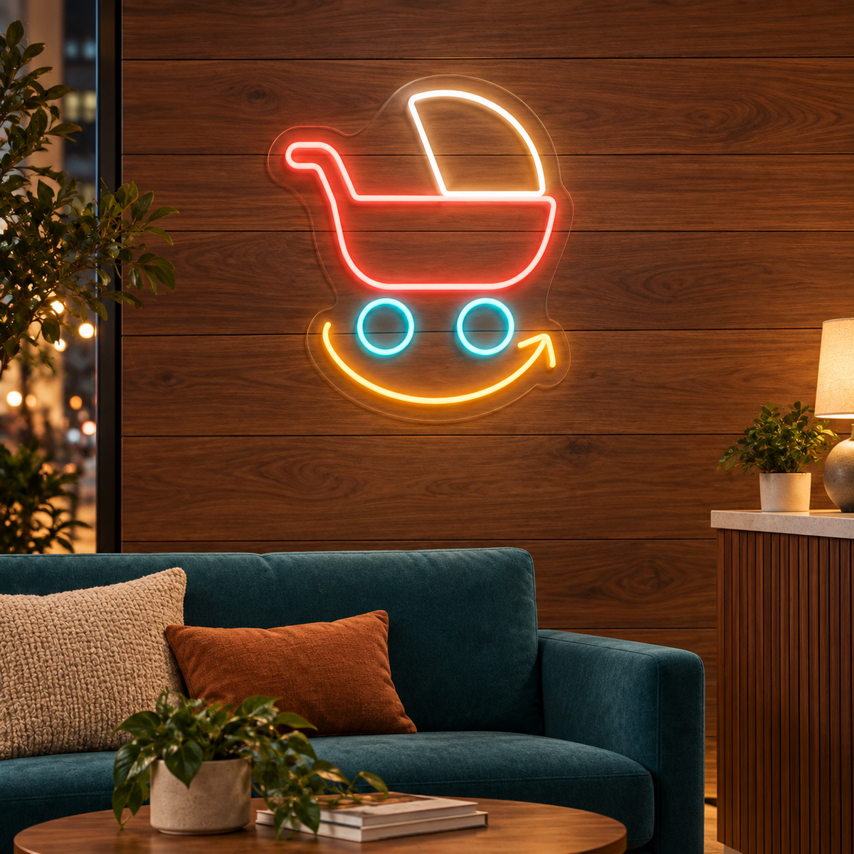 Pram & Return Arrow LED Neon Sign for Baby Equipment Rentals - interior setting
