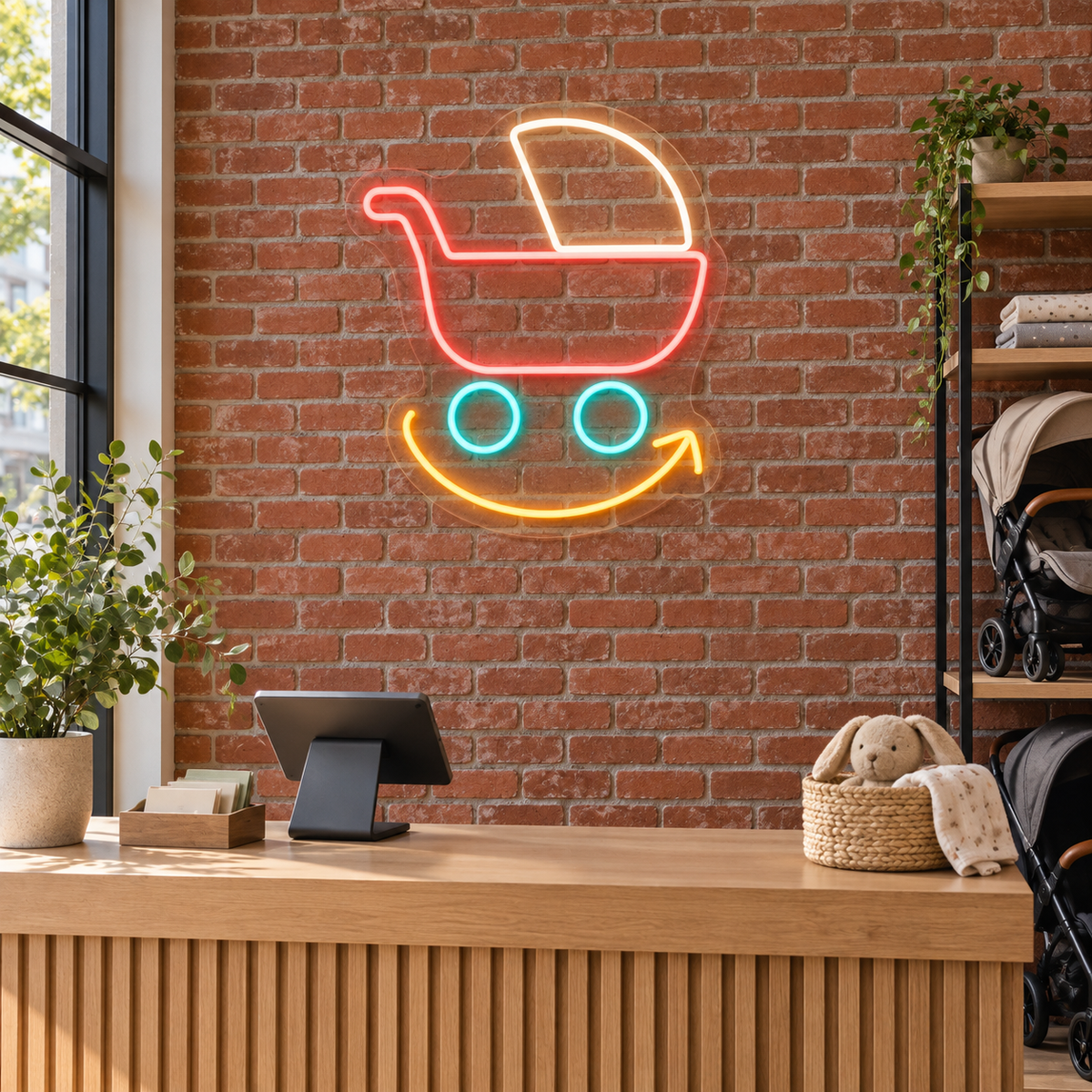 Pram & Return Arrow LED Neon Sign for Baby Equipment Rentals - interior setting
