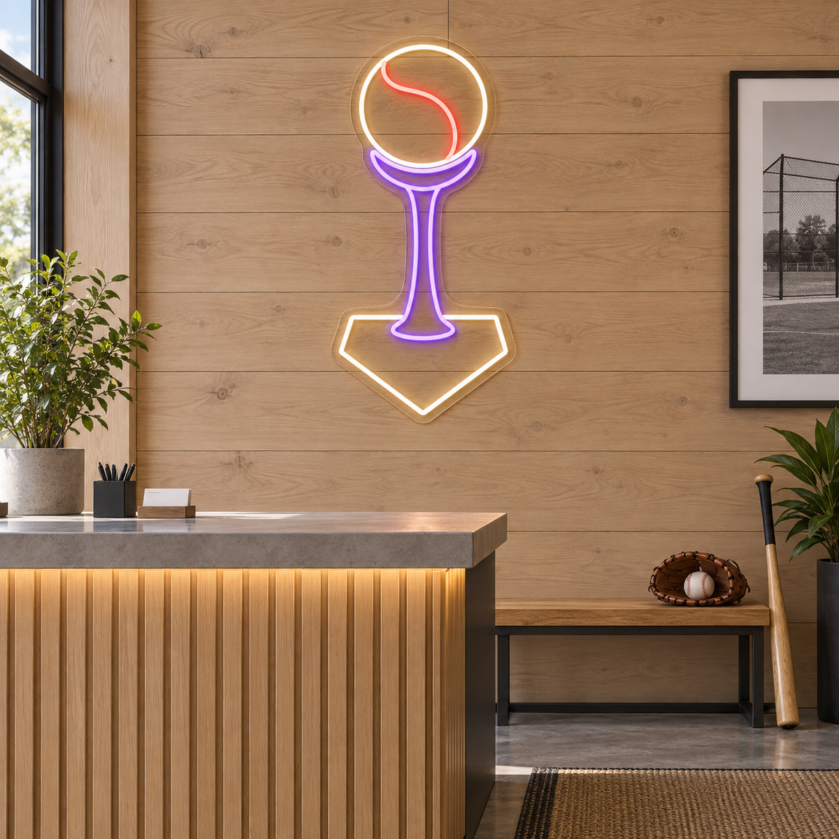 Baseball Batting Tee LED Neon Sign for Batting Centers - interior setting
