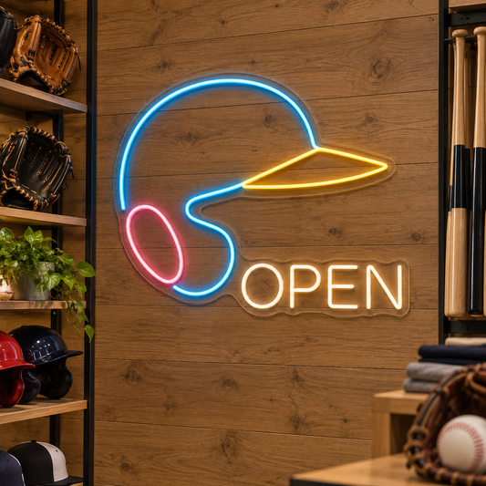 Baseball Helmet OPEN LED Neon Sign for Baseball Shops - interior setting