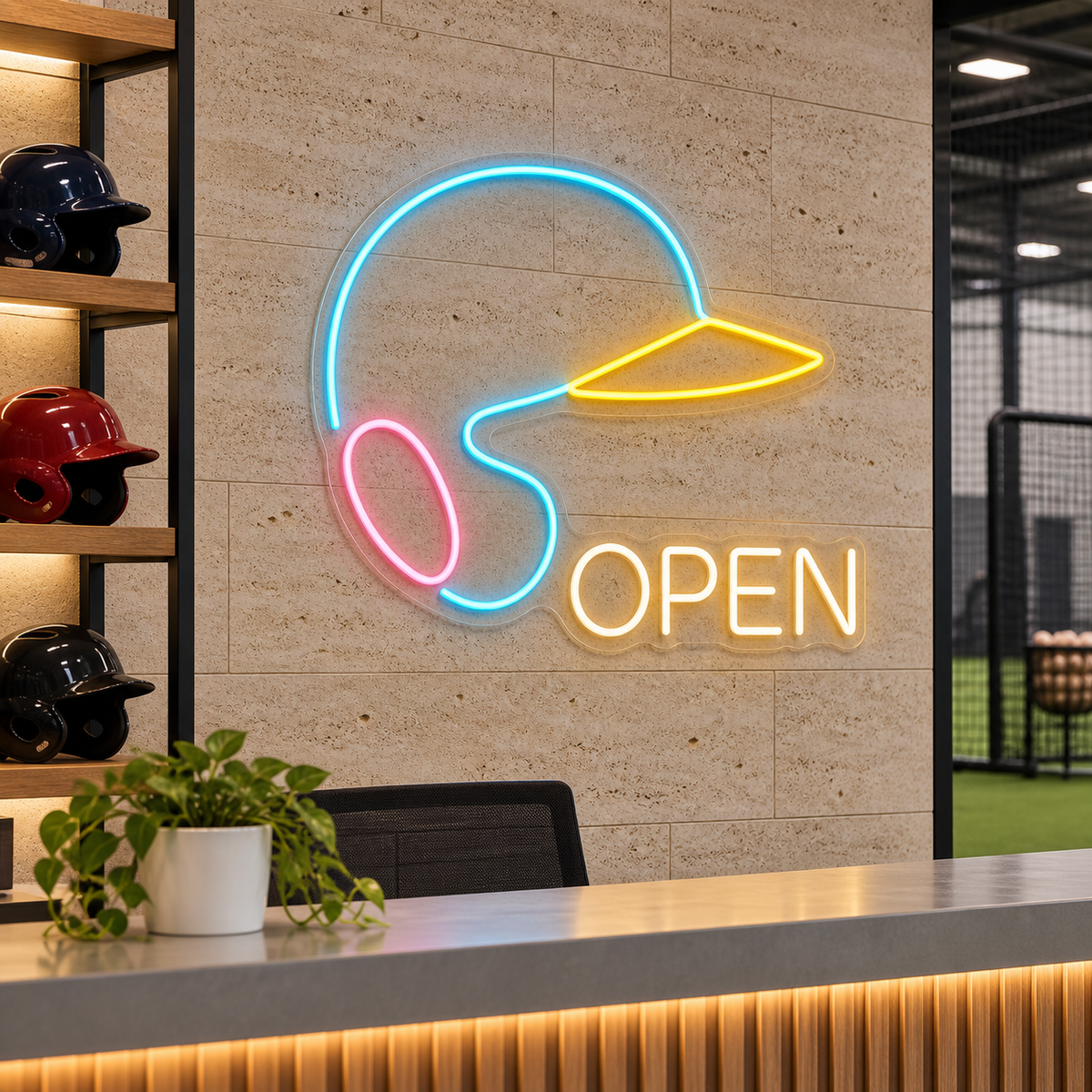 Baseball Helmet OPEN LED Neon Sign for Baseball Shops - interior setting