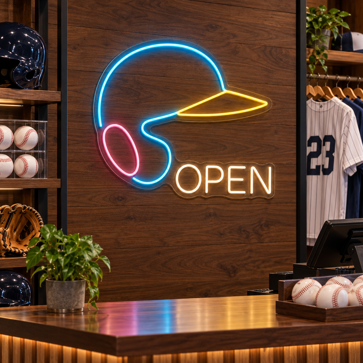 Baseball Helmet OPEN LED Neon Sign for Baseball Shops - interior setting