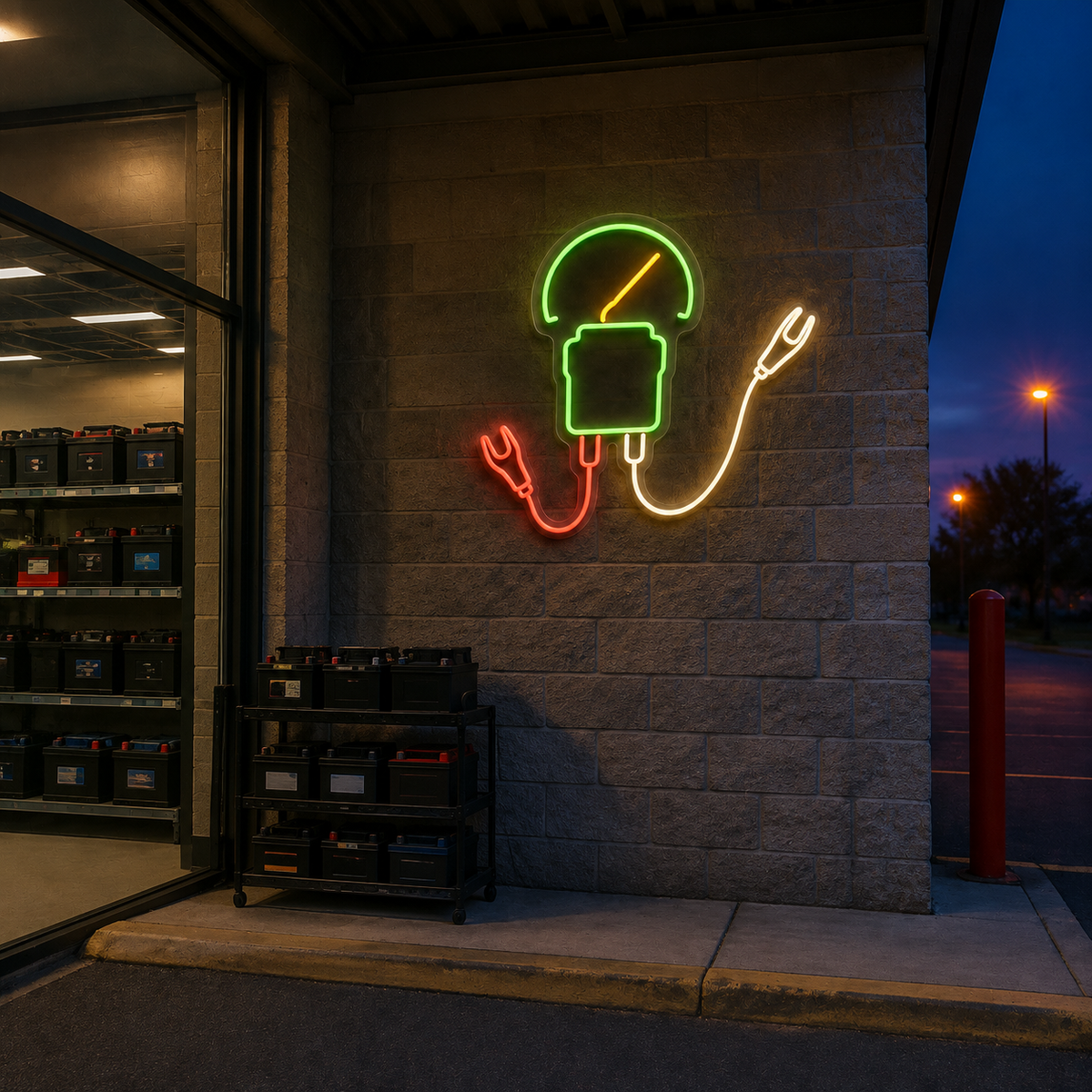 Battery Tester & Clips LED Neon Sign for Car Battery Shops - interior setting