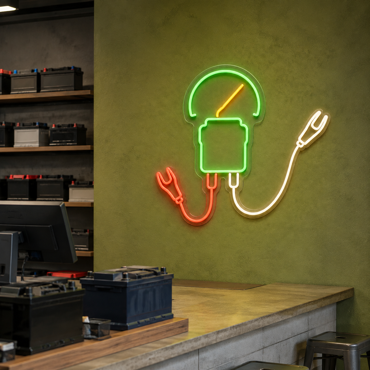 Battery Tester & Clips LED Neon Sign for Car Battery Shops - interior setting