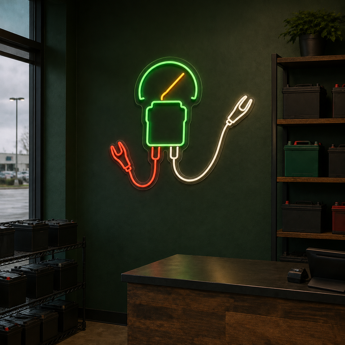 Battery Tester & Clips LED Neon Sign for Car Battery Shops - interior setting
