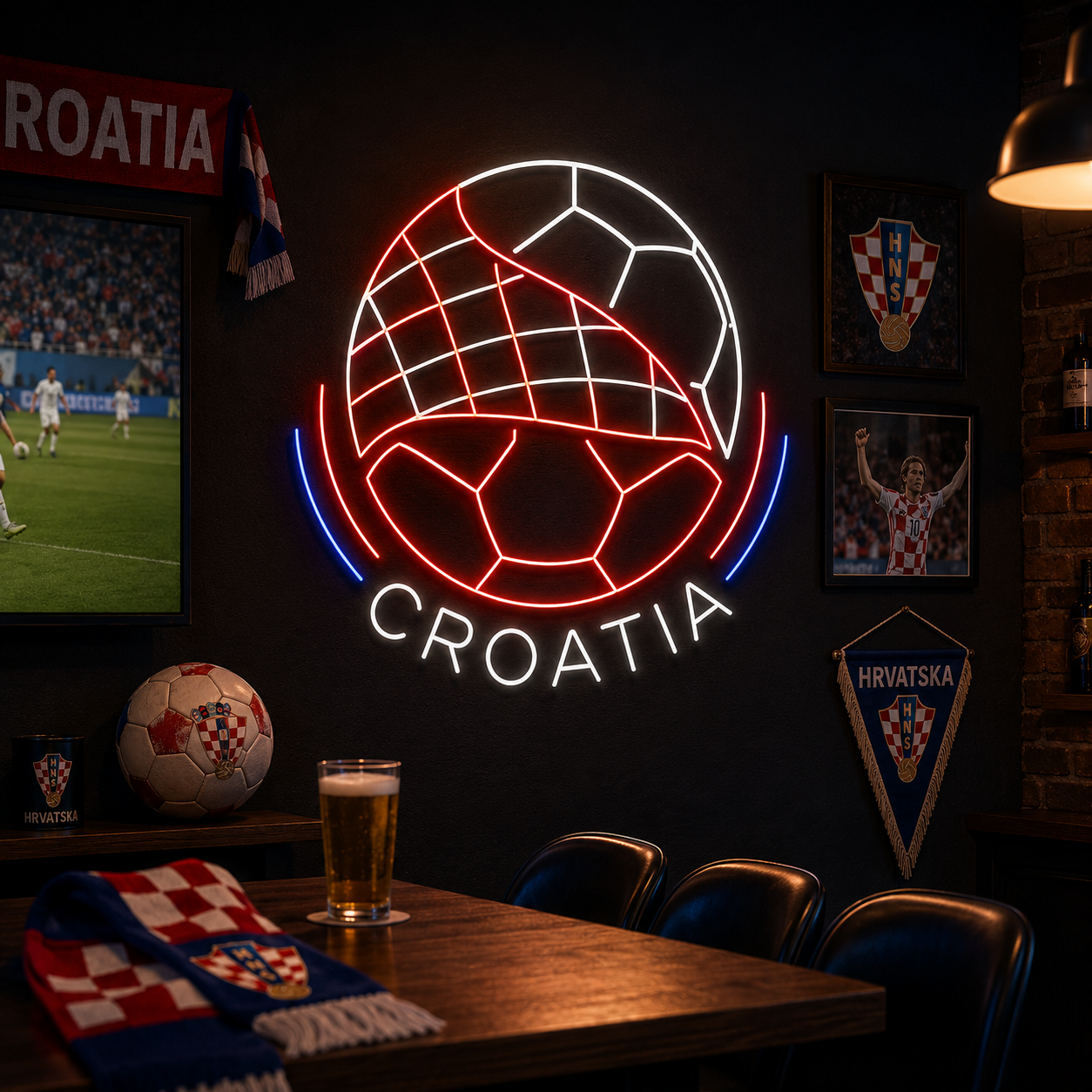 Croatia Checkered Soccer Ball LED Neon Sign Croatian Football Neon Light Wall Decor for Sports Bar Game Room