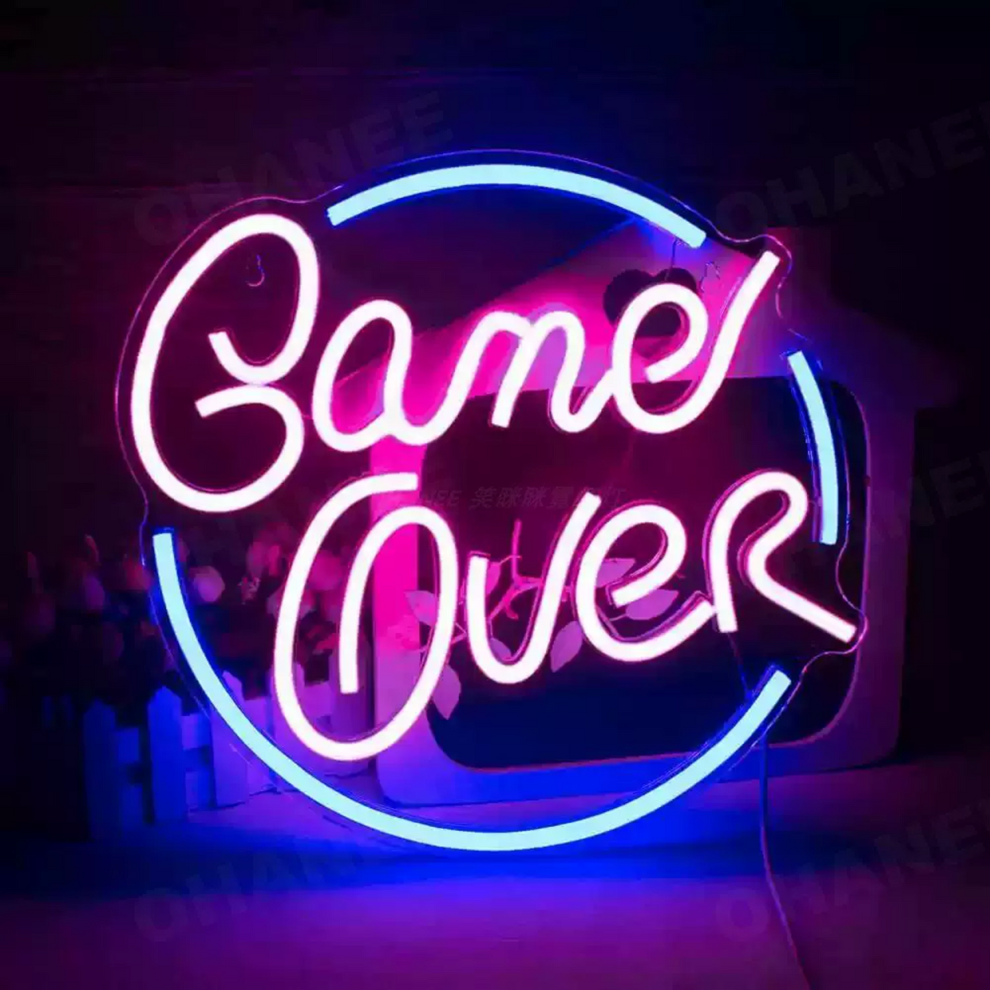 Game Over Neon Sign with Circle Frame for Gaming Room, Stream Setup & Arcade Decor