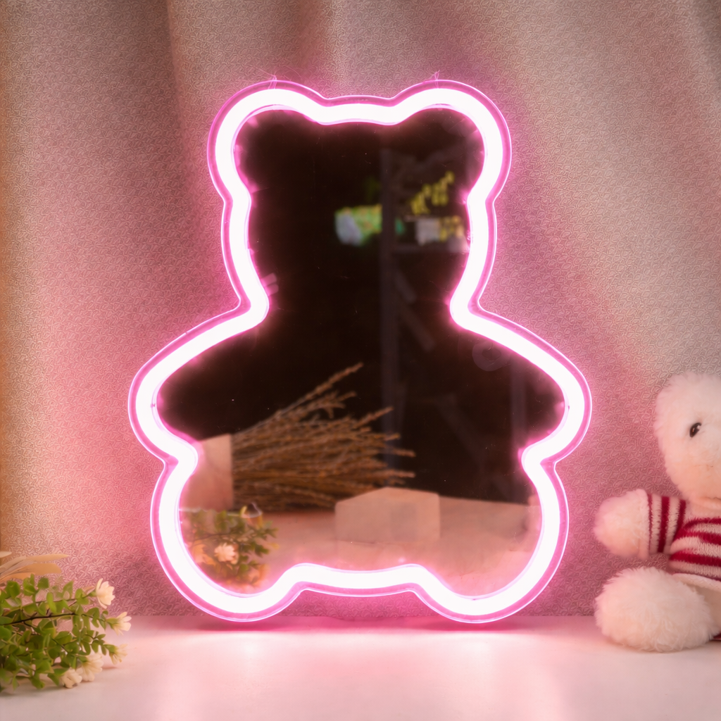 Cute Teddy Bear LED Neon Mirror Sign for Kids Room Bedroom Wall Decor