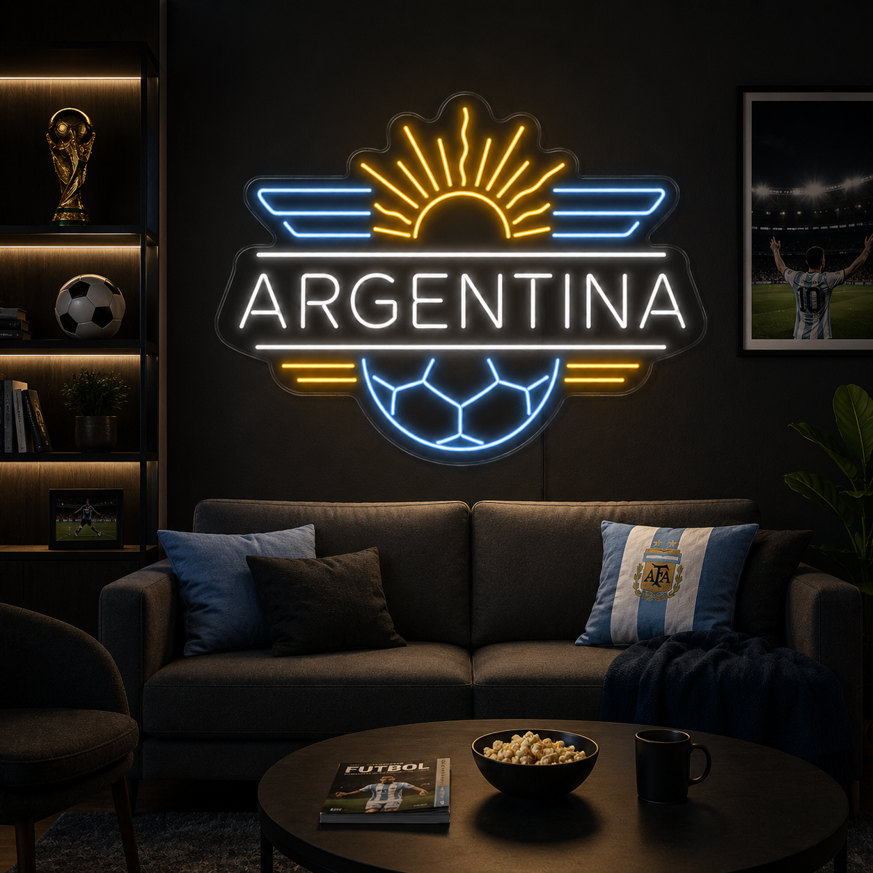 Argentina Soccer LED Neon Sign Argentine Sun Football Neon Light Wall Decor for Sports Bar Game Room