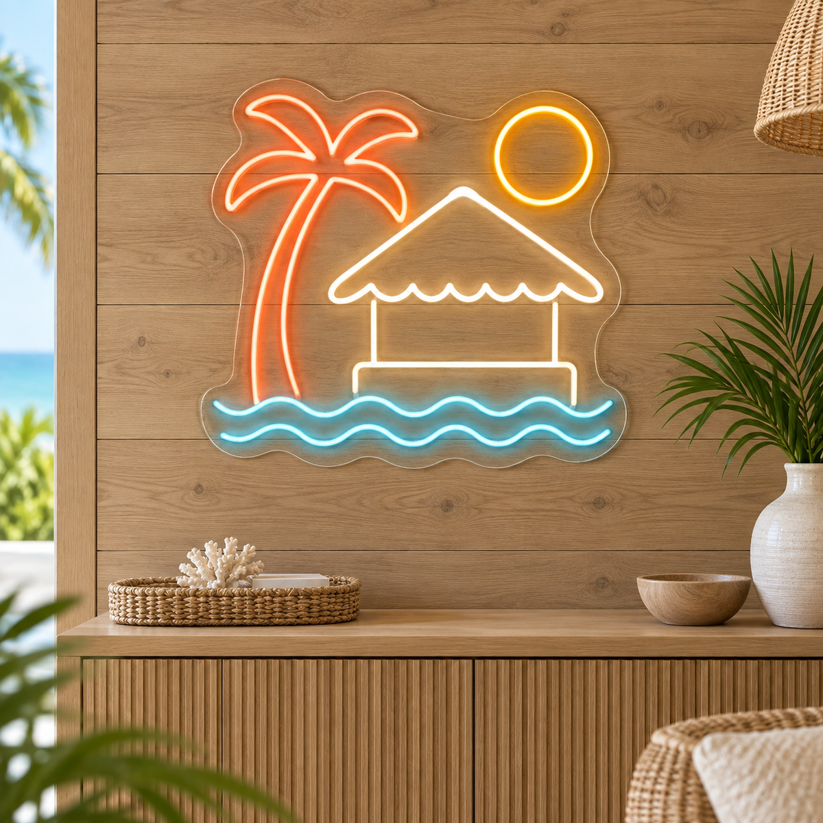 Beach Cabana & Palm LED Neon Sign for Resorts - interior setting
