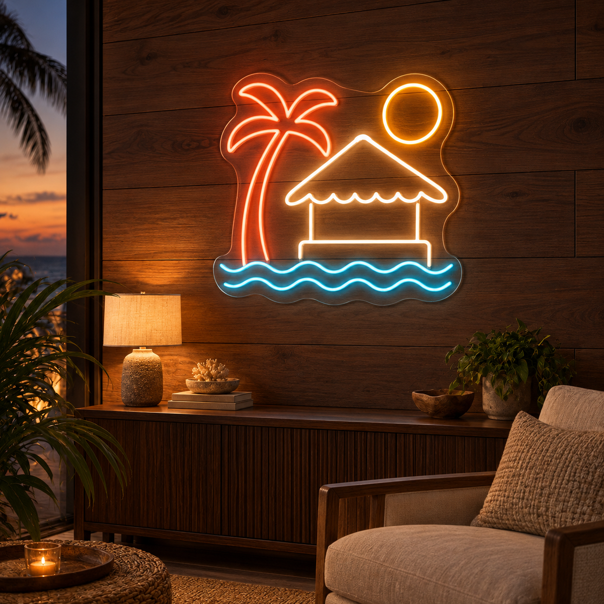 Beach Cabana & Palm LED Neon Sign for Resorts - interior setting
