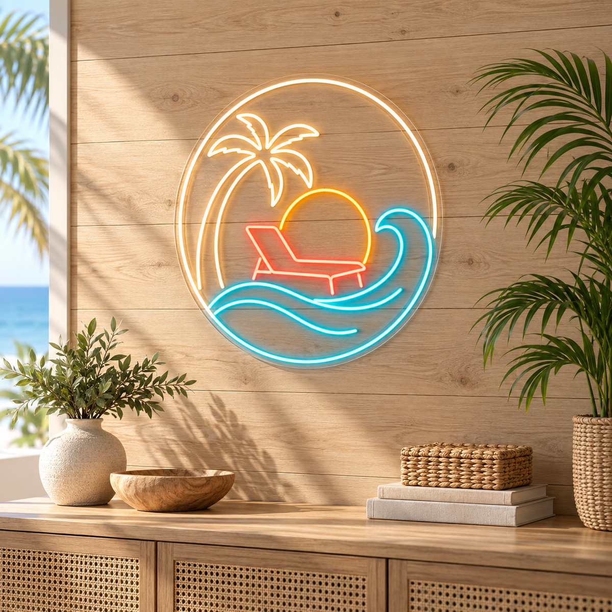 Beach Lounge Chair & Sunset Wave LED Neon Sign for Resorts - interior setting