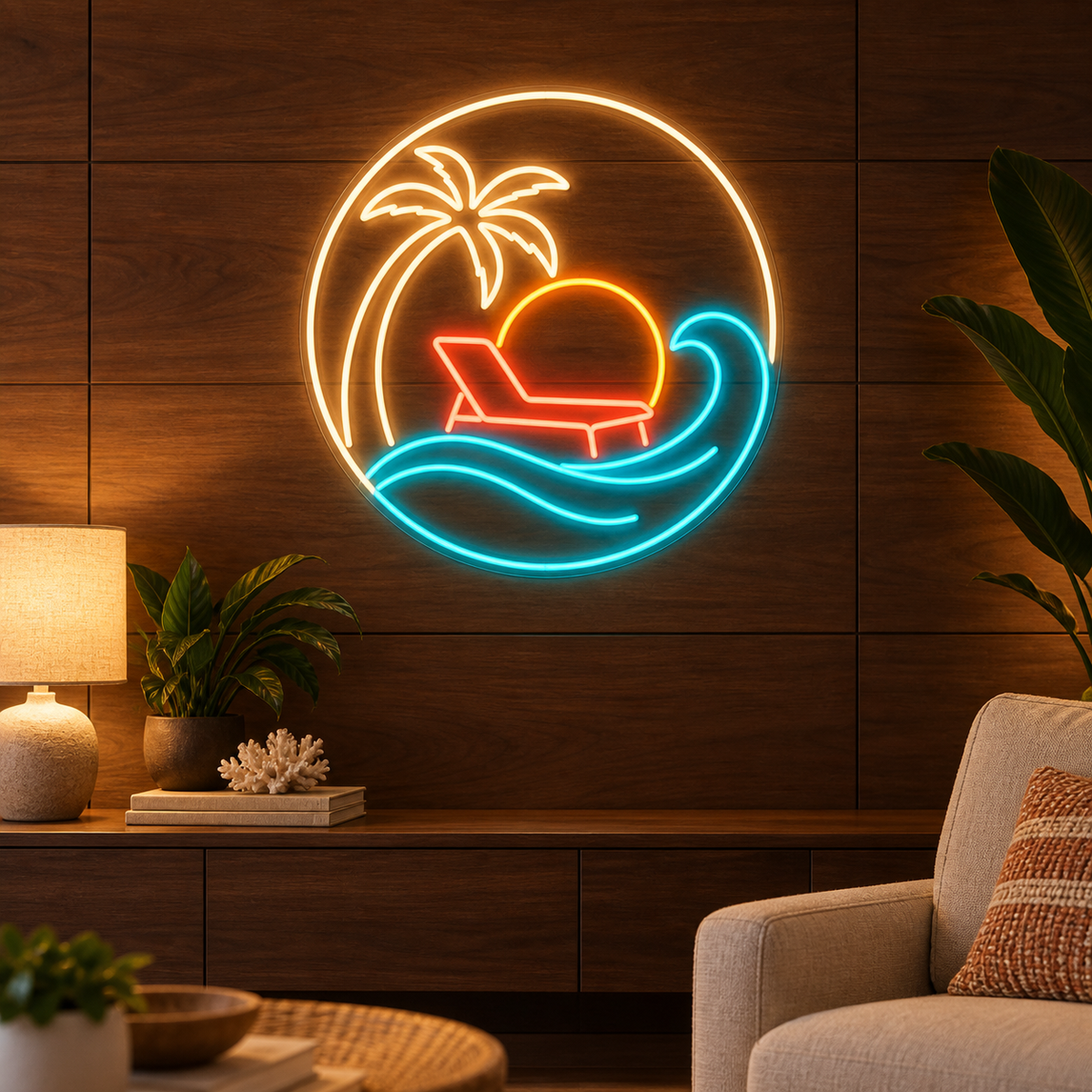 Beach Lounge Chair & Sunset Wave LED Neon Sign for Resorts - interior setting