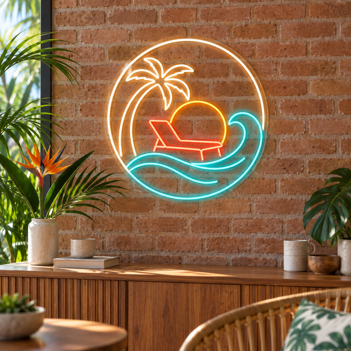 Beach Lounge Chair & Sunset Wave LED Neon Sign for Resorts - interior setting