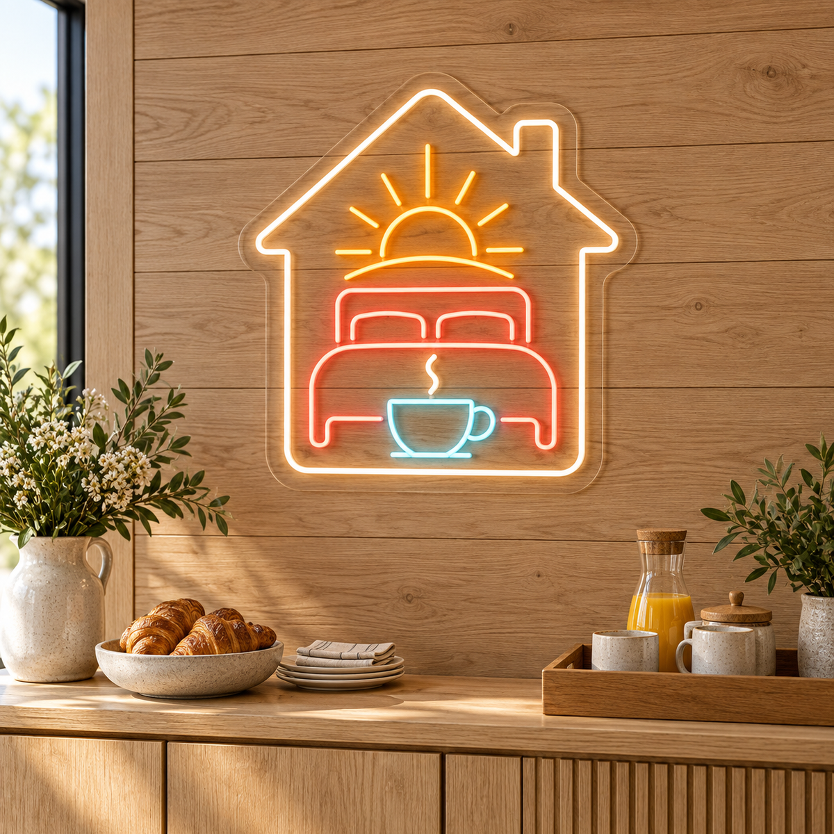 Bed, Sunrise & Coffee LED Neon Sign for Bed and Breakfasts - interior setting