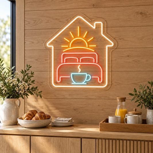 Bed, Sunrise & Coffee LED Neon Sign for Bed and Breakfasts - interior setting