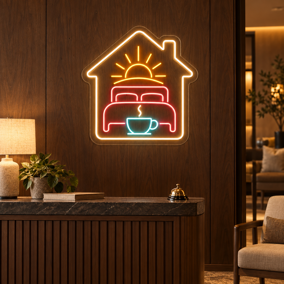 Bed, Sunrise & Coffee LED Neon Sign for Bed and Breakfasts - interior setting