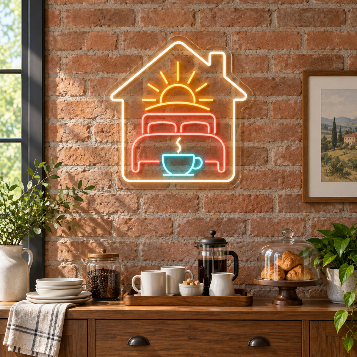 Bed, Sunrise & Coffee LED Neon Sign for Bed and Breakfasts - interior setting