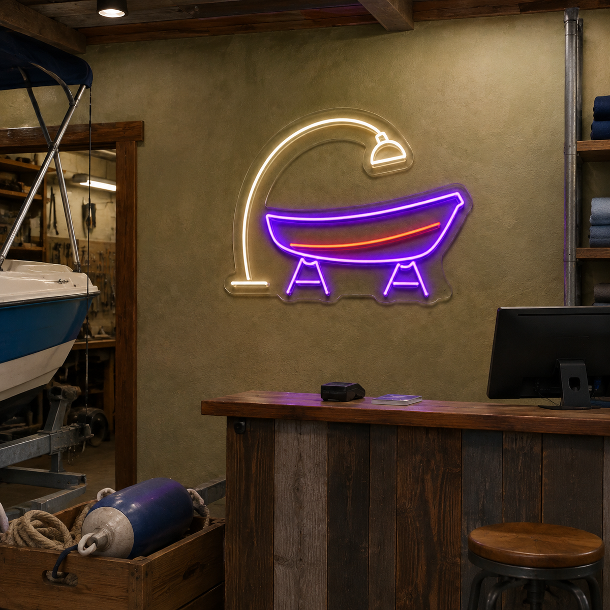 Boat on Repair Stands LED Neon Sign for Boat Repair Shops - interior setting