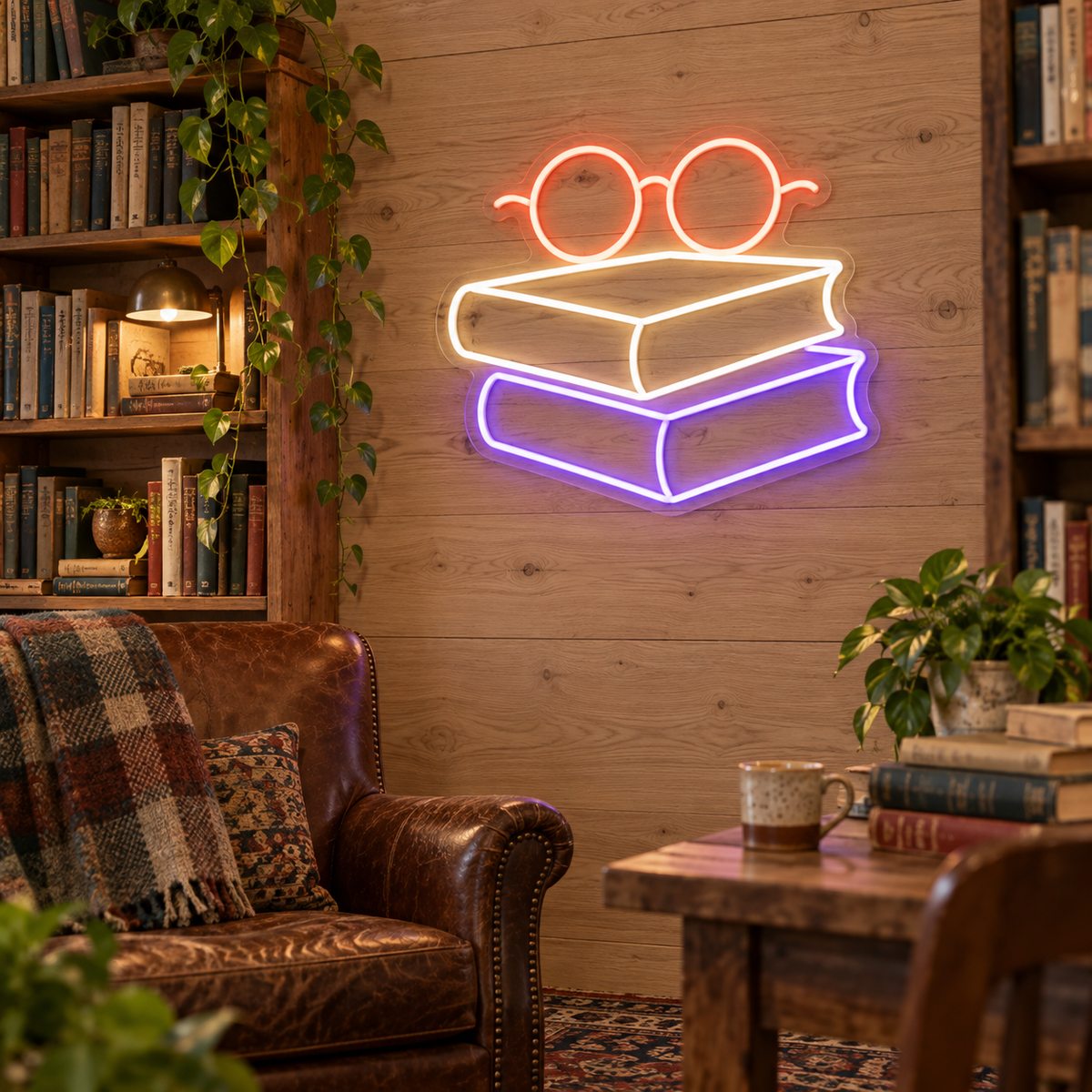 Books and Reading Glasses LED Neon Sign for Book Lovers - interior setting