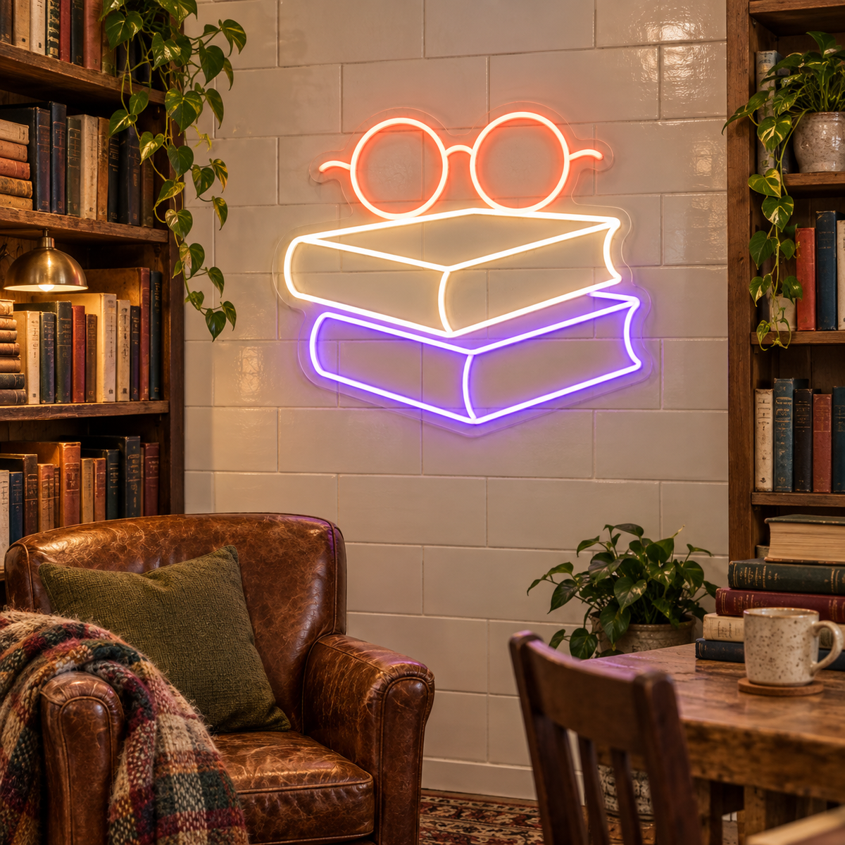Books and Reading Glasses LED Neon Sign for Book Lovers - interior setting