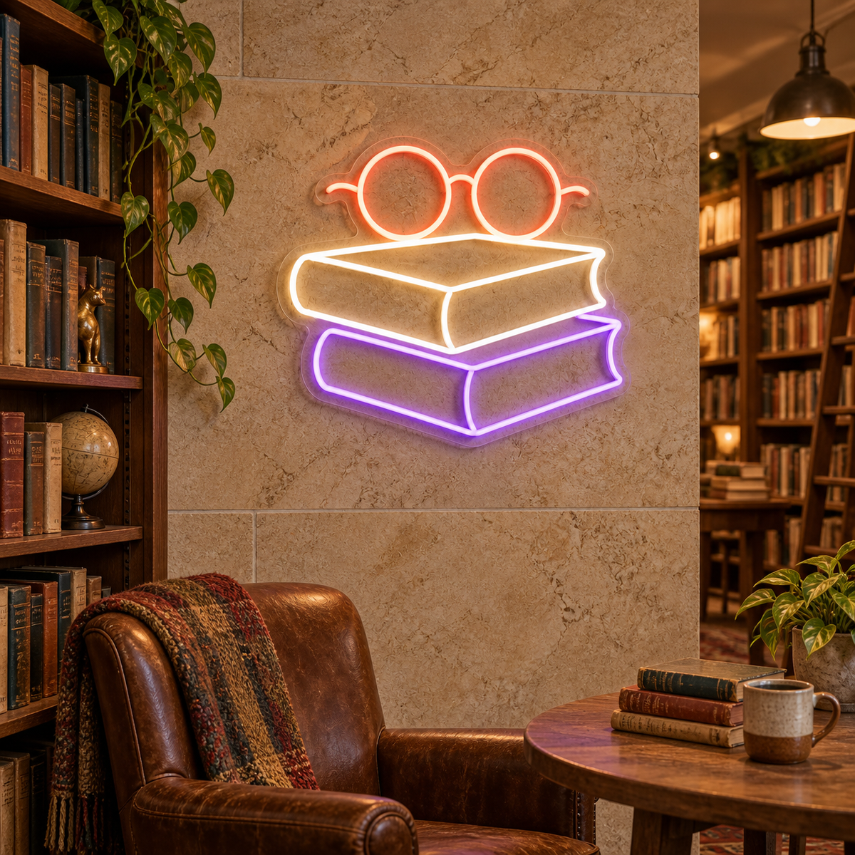 Books and Reading Glasses LED Neon Sign for Book Lovers - interior setting