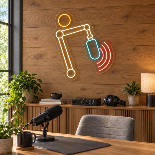 Boom Microphone LED Neon Sign for Podcast Studios - interior setting
