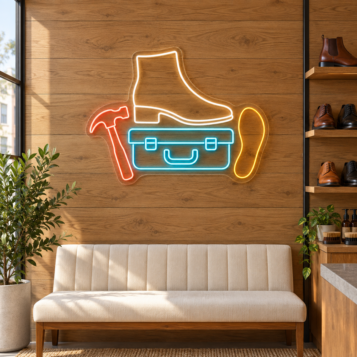 Boot & Toolbox LED Neon Sign for Cobbler Shops - interior setting